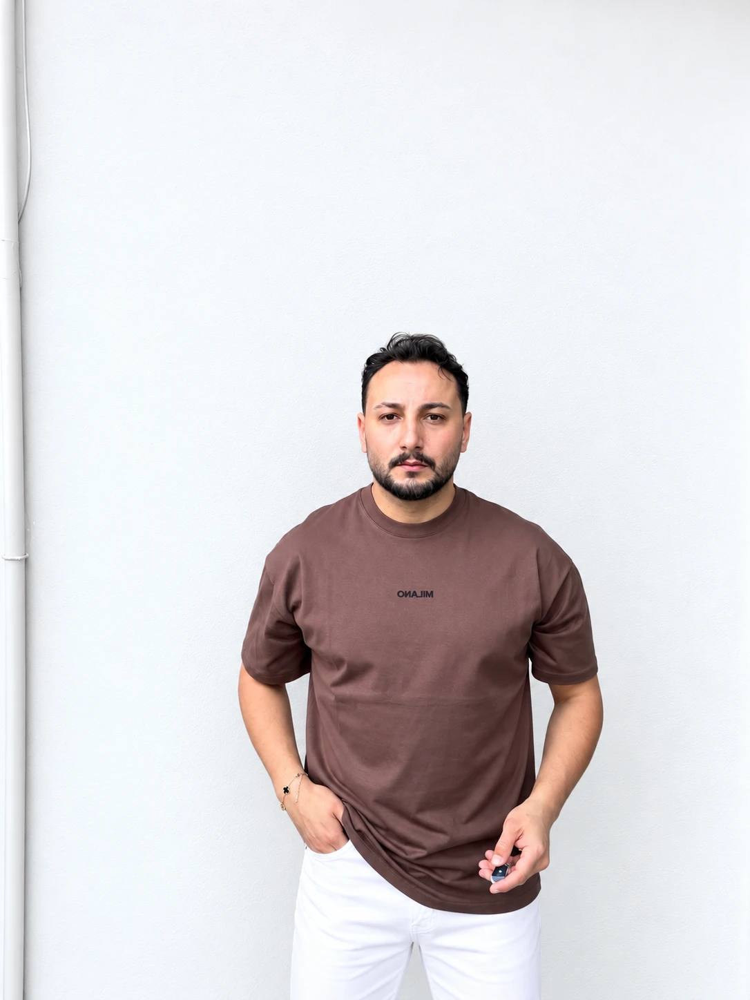 Erkek kahverengi  Rahat Kalıp Bisiklet Yaka Tişör